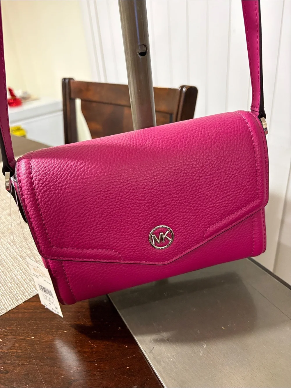 Michael Kors Fuchsia Pebbled Leather Crossbody Key & Card Holder